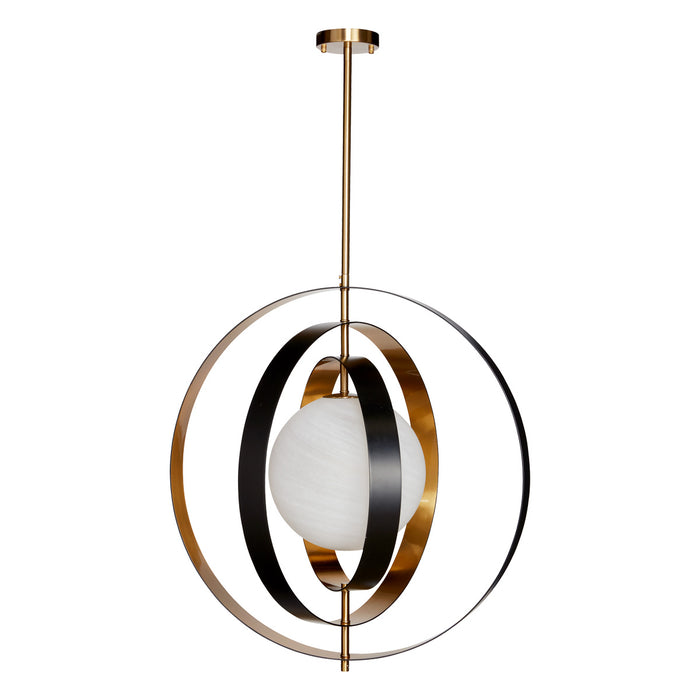 [Brand] pendant lamp with concentric metallic rings, modern design.