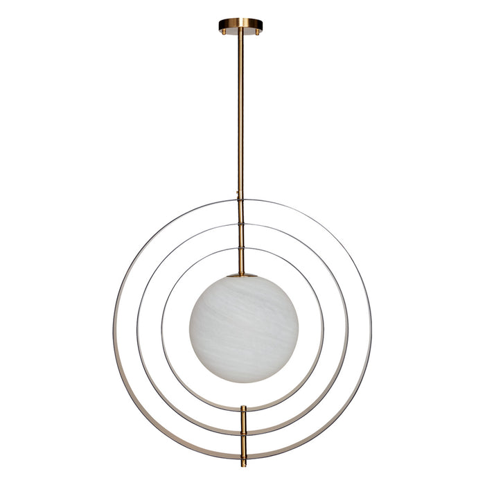 [Brand] pendant light with concentric circles and central sphere.