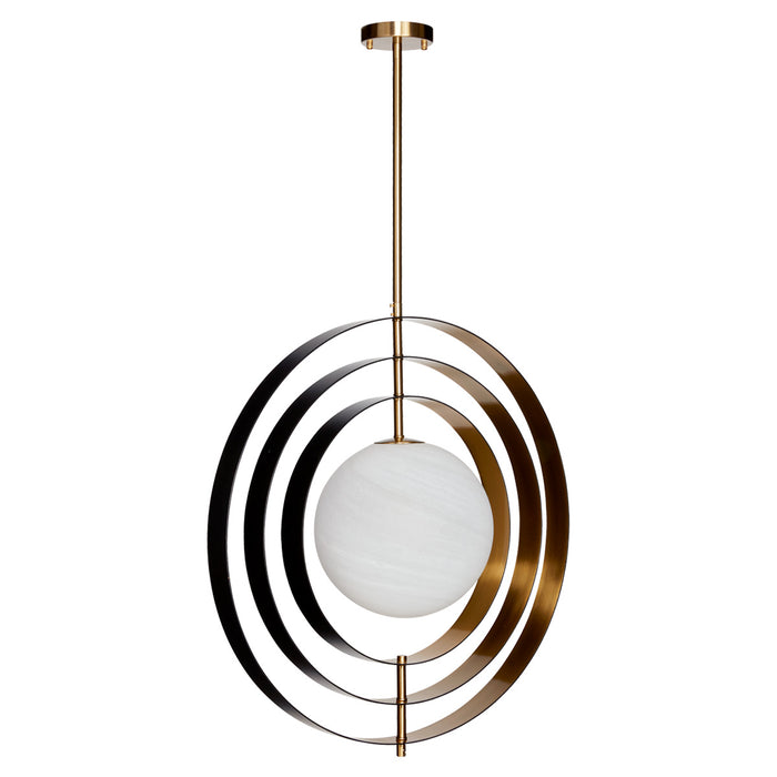 [Brand] pendant lamp with concentric bronze rings and globe.