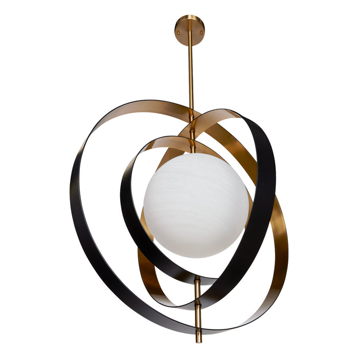 [Brand] pendant light with spherical shade and swirling metal bands.