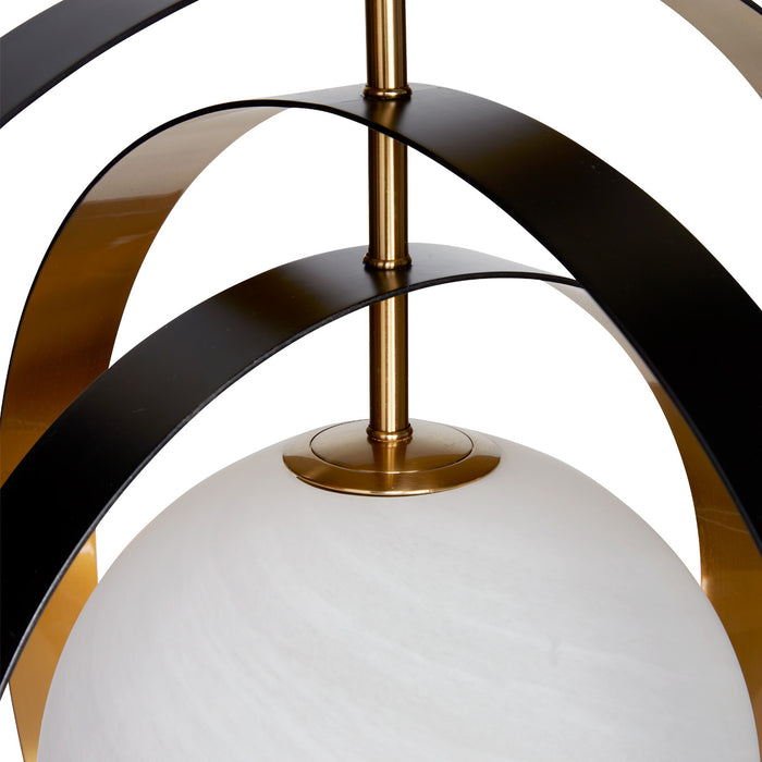 [Brand] light fixture with black arches and white globe.