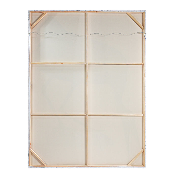 Back of large canvas frame with [Brand] wooden supports.