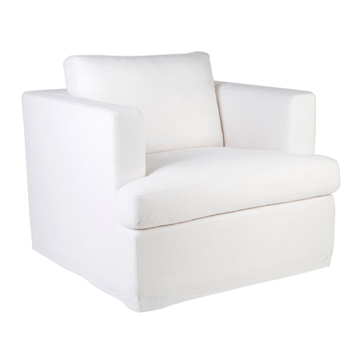White upholstered chair with cushioned seat by [Brand].
