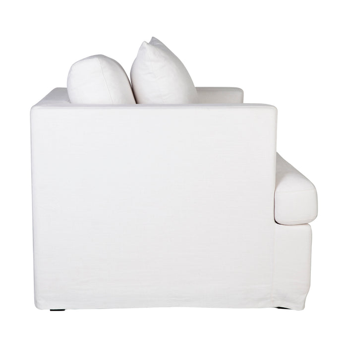 Side view of modern white sofa with two cushions. [Brand]