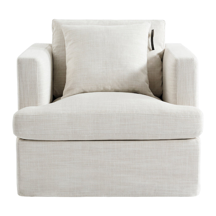 [Brand] beige armchair with plush cushion, front view.