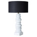 [Brand] table lamp with black shade and white base.