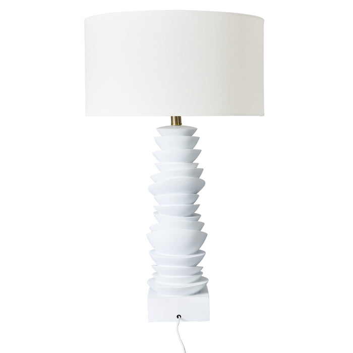 White table lamp with unique stacked design by [Brand].