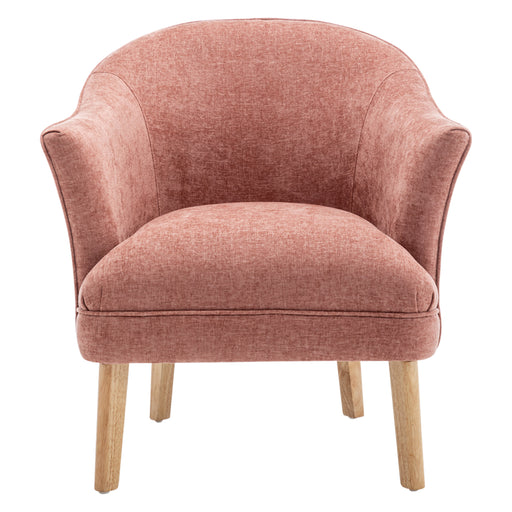 [Brand] dusty pink armchair with wooden legs, front view.