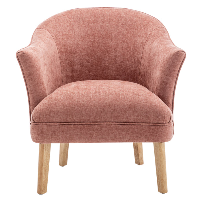 [Brand] dusty pink armchair with wooden legs, front view.