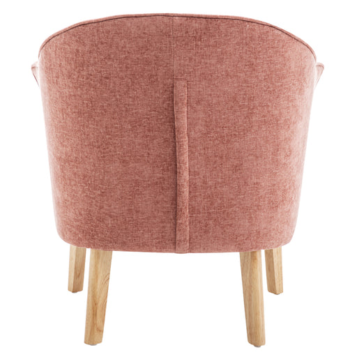 Pink upholstered chair with wooden legs, rear view, [Brand].