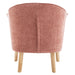 Pink upholstered chair with wooden legs, rear view, [Brand].