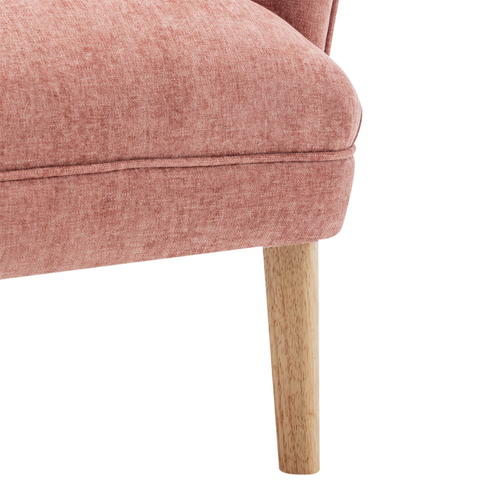 [Brand] pink upholstered chair with wooden leg, minimalist design.