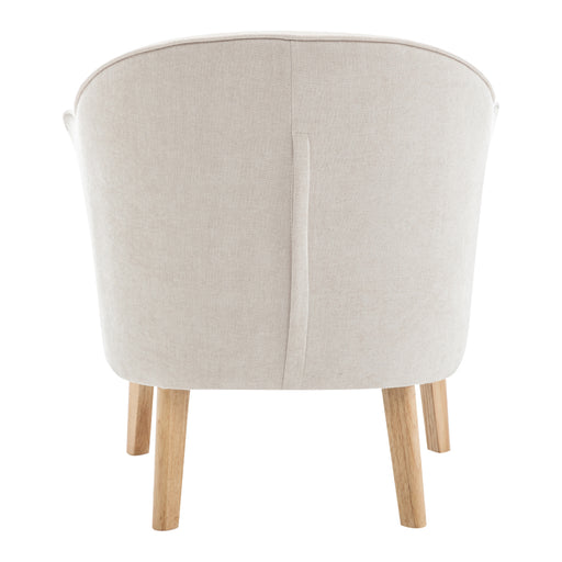 [Brand] cream fabric armchair with wooden legs, back view.