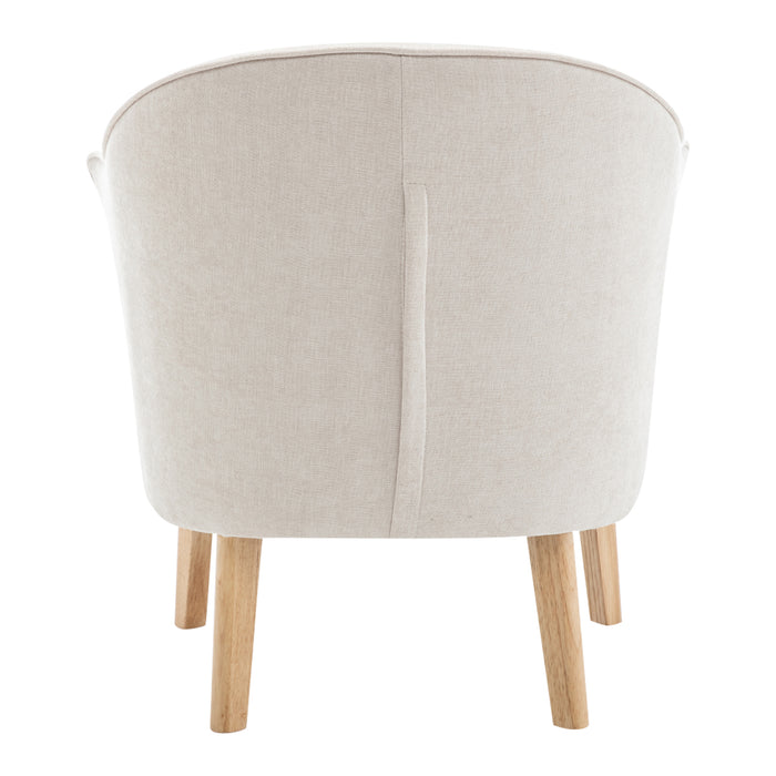 [Brand] cream fabric armchair with wooden legs, back view.