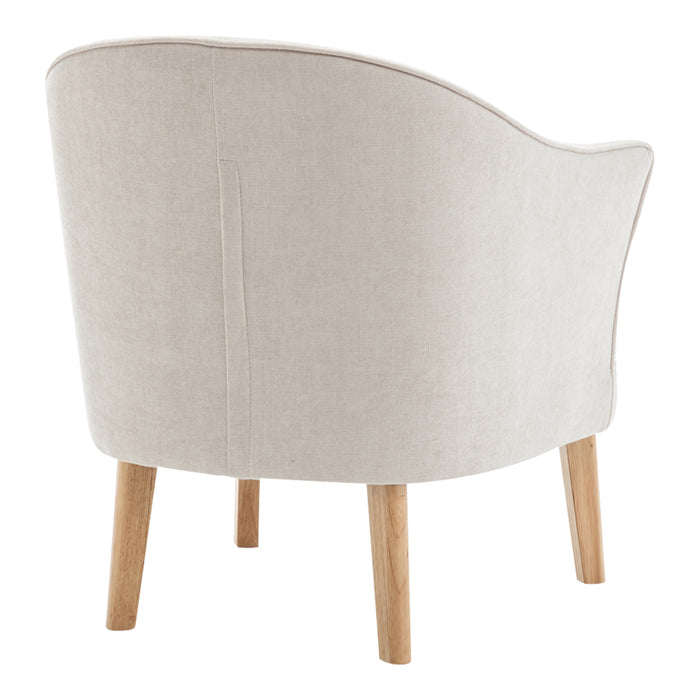 Curved beige chair with wooden legs, by [Brand].
