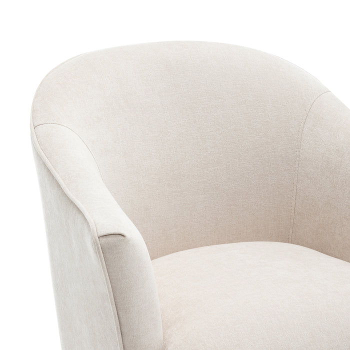 [Brand] ivory fabric armchair with curved, cushioned backrest design.