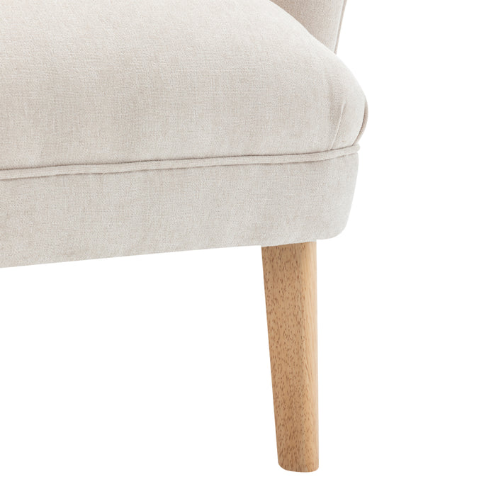 [Brand] beige upholstered chair with a wooden leg design.