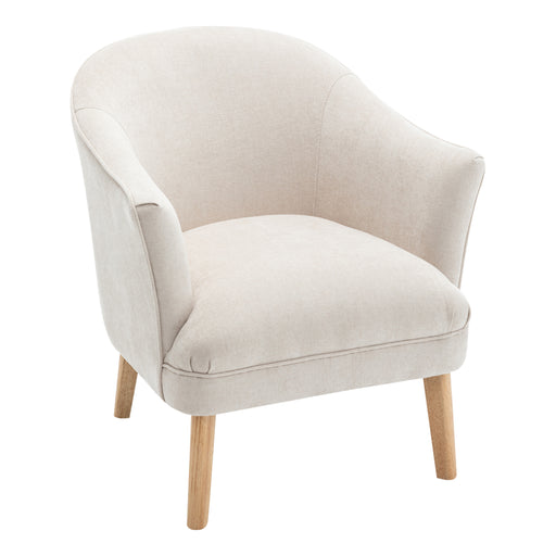 Cream upholstered chair with wooden legs by [Brand].