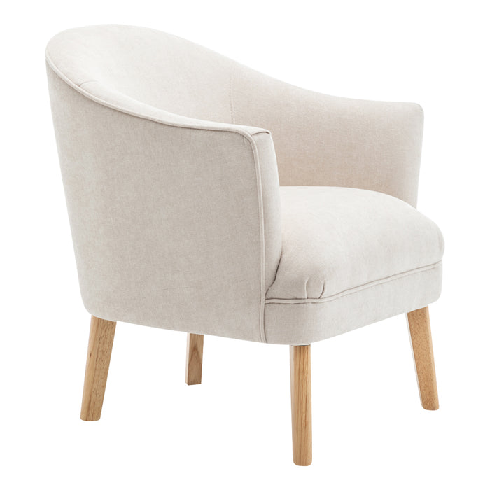 Cream fabric armchair with wooden legs by [Brand].