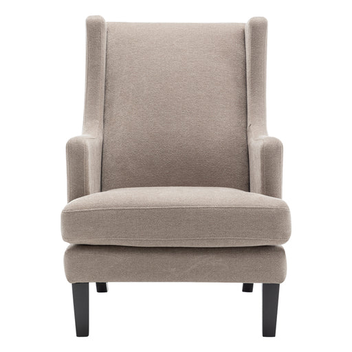 [Brand] gray upholstered armchair with dark wooden legs.
