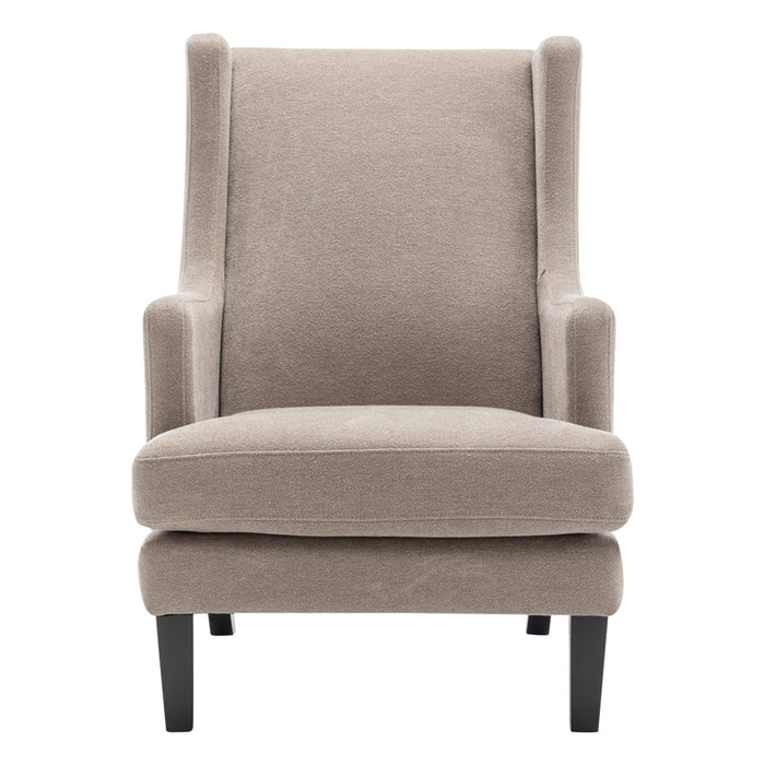 [Brand] gray upholstered armchair with dark wooden legs.