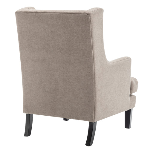 Gray upholstered armchair with dark wooden legs from [Brand].