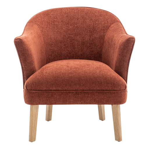 Rust-colored upholstered chair with wooden legs, by [Brand].