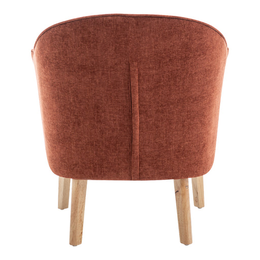 Rust-colored fabric chair with wooden legs, rear view, [Brand].