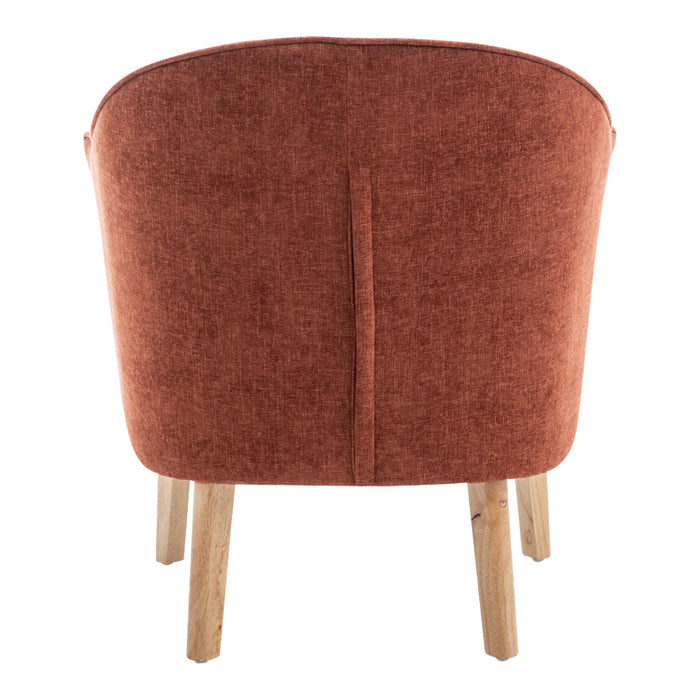 Rust-colored fabric chair with wooden legs, rear view, [Brand].