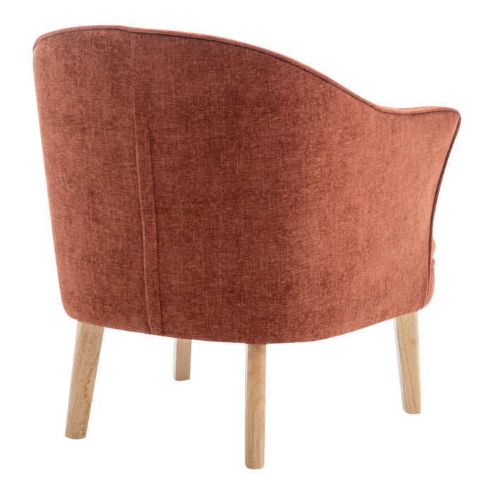 Red fabric chair from [Brand] with wooden legs shown.