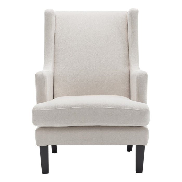 [Brand] beige armchair with high back and black legs.