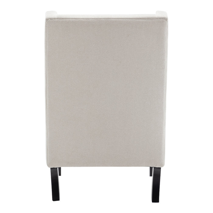 Beige [Brand] chair, back view with black metal legs.