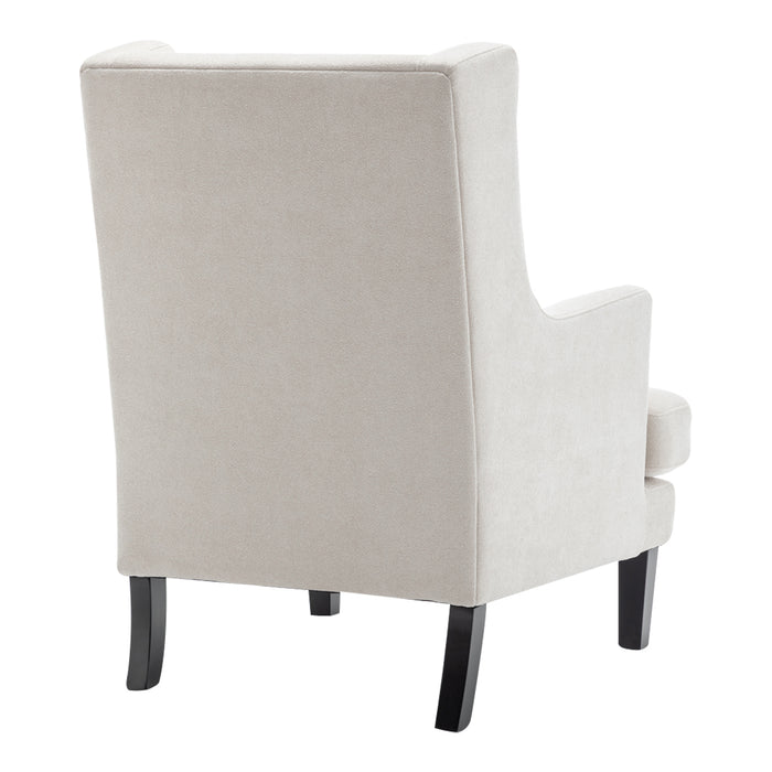 Beige upholstered armchair with dark legs, back view, [Brand].