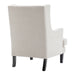 Beige upholstered armchair with dark legs, back view, [Brand].