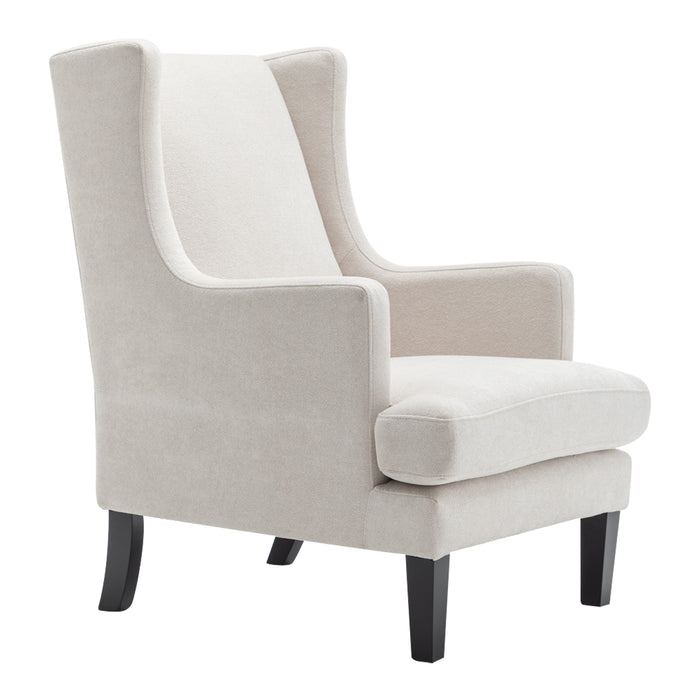 Elegant beige armchair with wooden legs by [Brand].