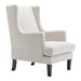 Elegant beige armchair with wooden legs by [Brand].