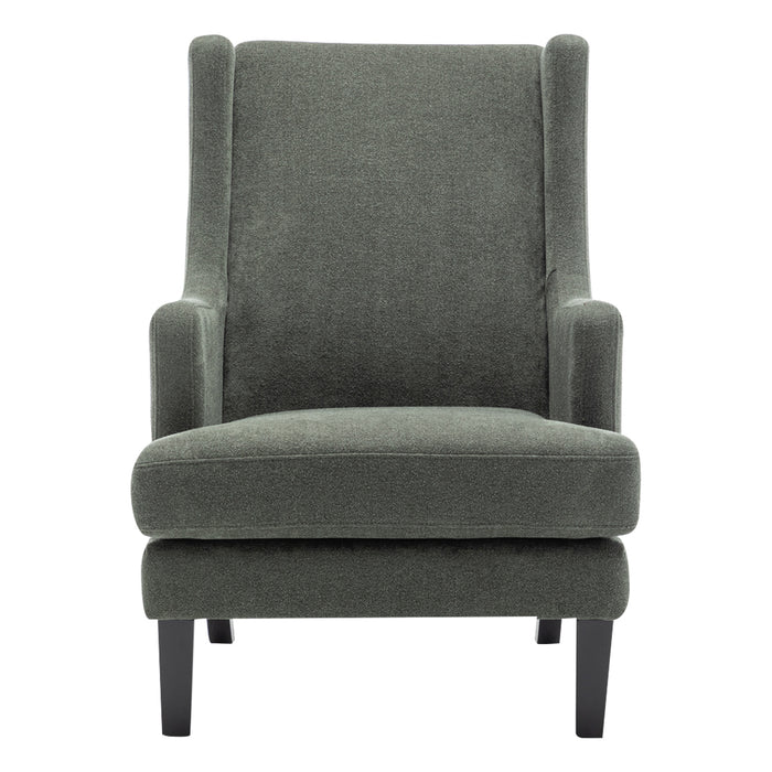 Dark gray armchair with high back, [Brand], wooden legs.