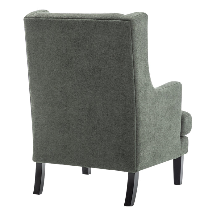 Gray upholstered chair by [Brand] with dark wooden legs.