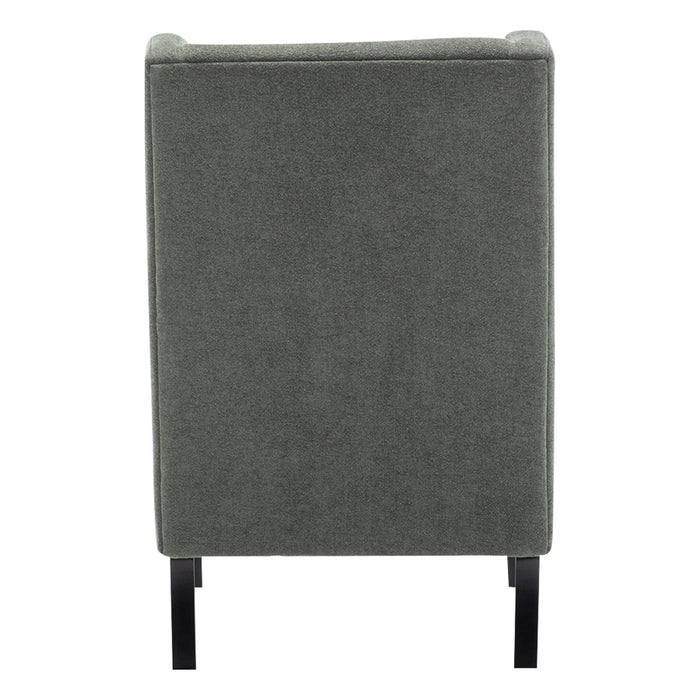 Rear view of [Brand] armchair; gray fabric, black legs.