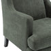 Green upholstered armchair from [Brand] with wooden legs, detailed texture.