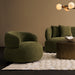 Olive green [Brand] furniture with rug, table, and chandelier.