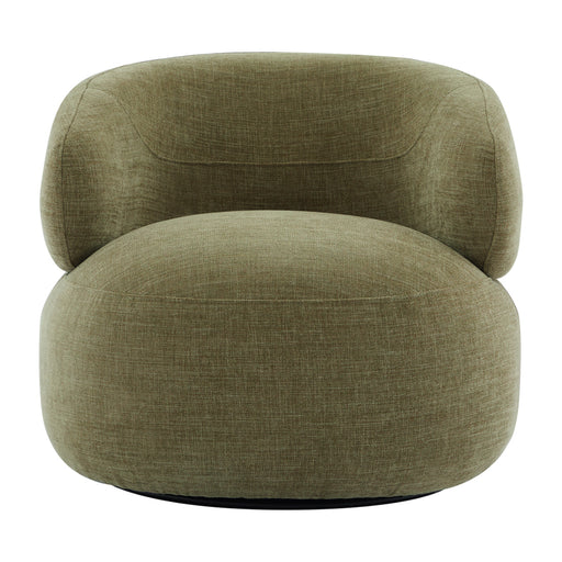 Plush olive armchair with rounded design by [Brand].