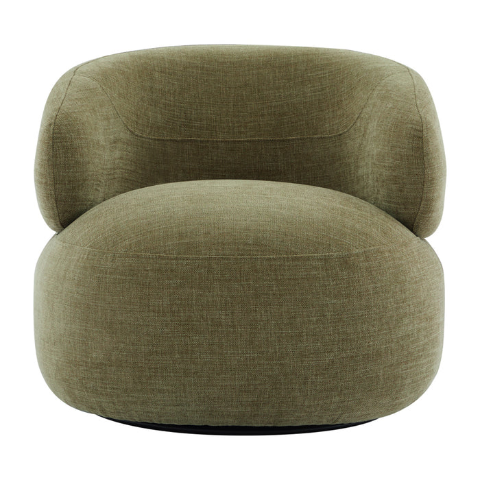 Plush olive armchair with rounded design by [Brand].
