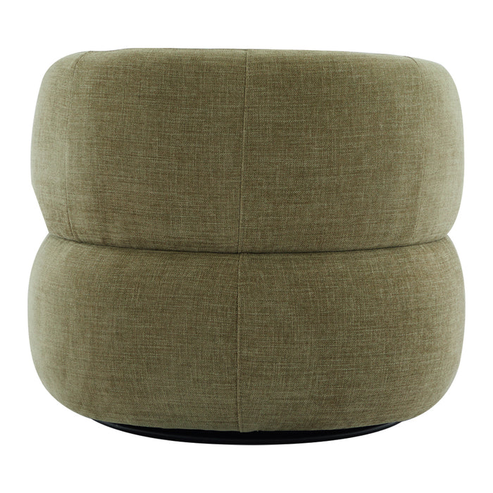 [Brand] green fabric ottoman with rounded, cushioned design.