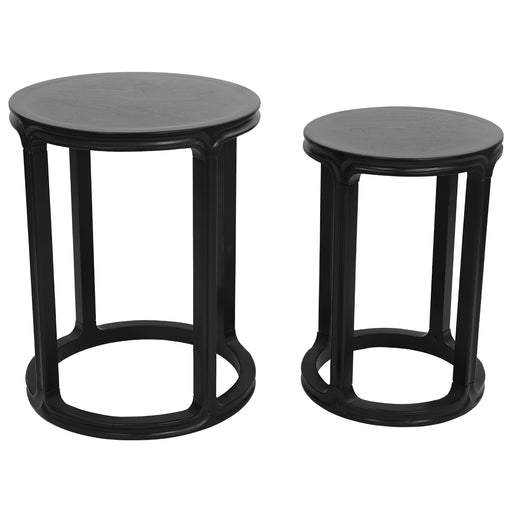 Two black circular stools by [Brand], different heights.