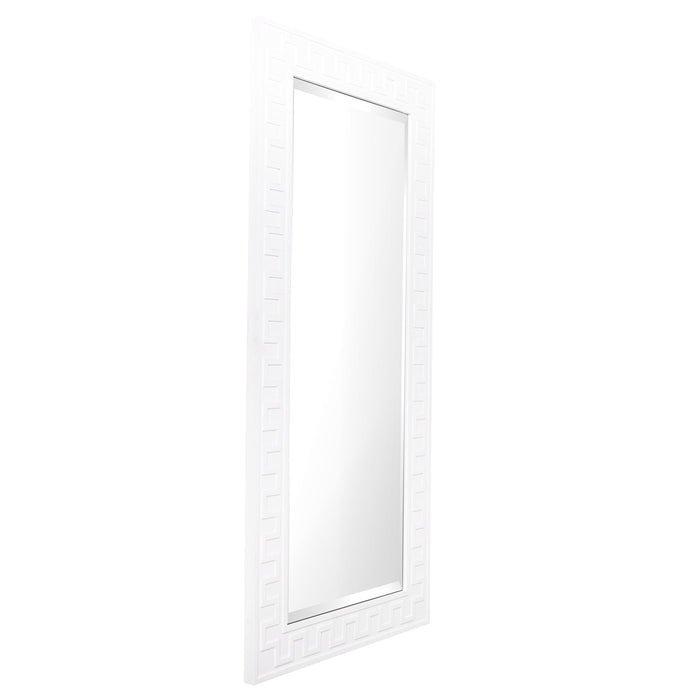 Tall rectangular mirror with white geometric frame, [Brand].