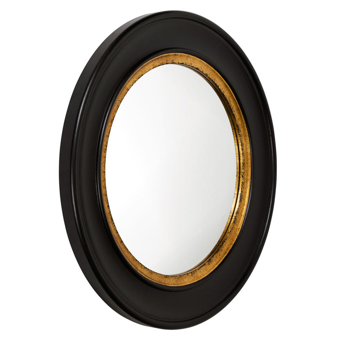 Round mirror with black-gold frame, [Brand], elegant design.