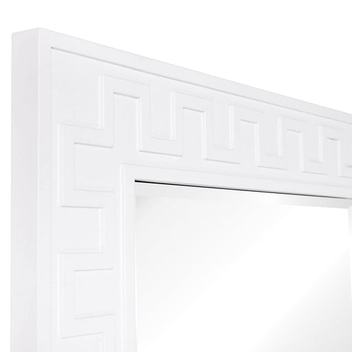 White [Brand] mirror with geometric patterned border, minimal design.