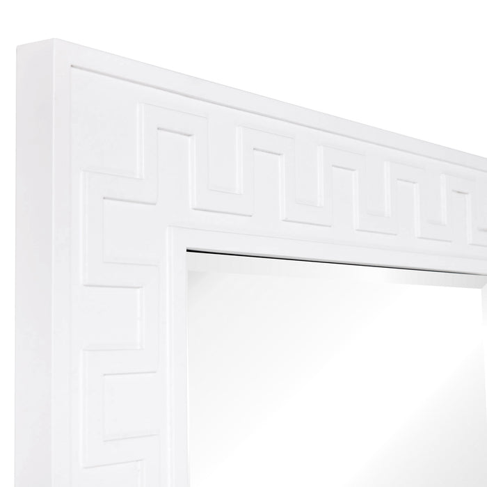 White [Brand] mirror with geometric patterned border, minimal design.