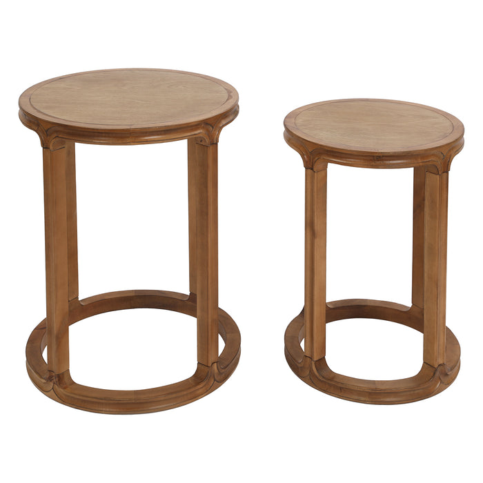 Two round wooden nesting tables from [Brand] with elegant design.